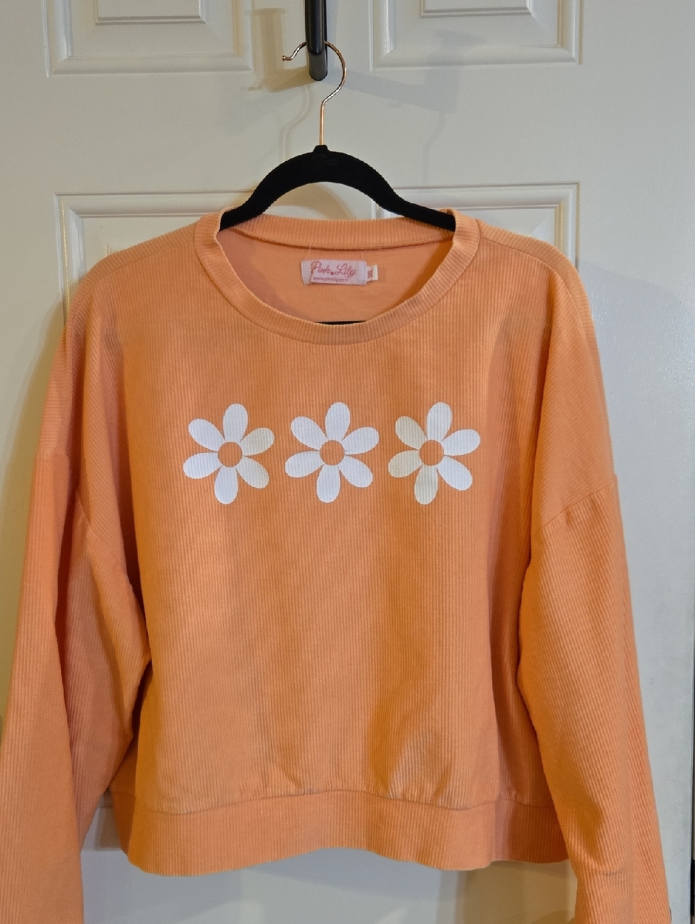 Pink Lily Peach Corduroy Sweatshirt with White Daisy Trio